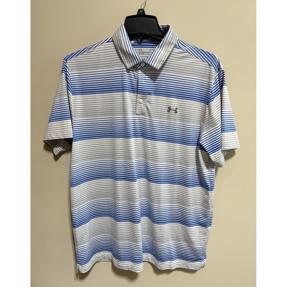 Under Armour Men's XL  blue  striped short sleeve shirt Loose HEATGEAR Collared
